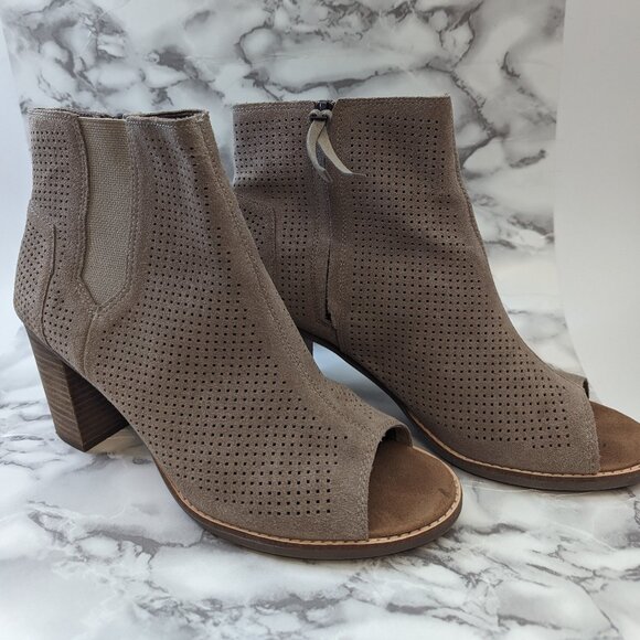 Toms | Majorca Perforated Suede Peep Toe Booties | Tan | Size 12 - Picture 1 of 4